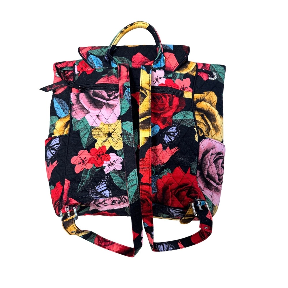 Vera Bradley Midnight Roses Quilted Cotton Backpack Floral Butterfly Black Bag - Picture 3 of 10